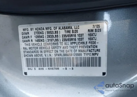 2005 Honda Odyssey Ex-L из США, поврежденный, VIN 5FNRL38665B129989